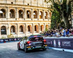 New Zealand rally driver Hayden Paddon prepares to go round the Colosseum as he competes in the...