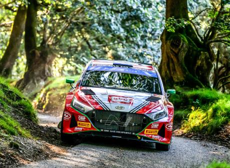 Hayden Paddon guides his Hyundai through a tricky corner at Rali Ceredigion, in Wales. PHOTO:...