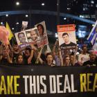 Demonstrators take part in a protest in Tel Aviv to show support for hostages kidnapped during...