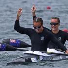 Lisa Carrington (left) and Alicia Hoskin celebrate after winning gold in the women's K2 500m...