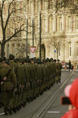 Parade marching down Cathedral Sq towards Worcester St