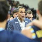 Otago Nuggets coach Brent Matehaere talks to his players during an NBL game earlier this season....