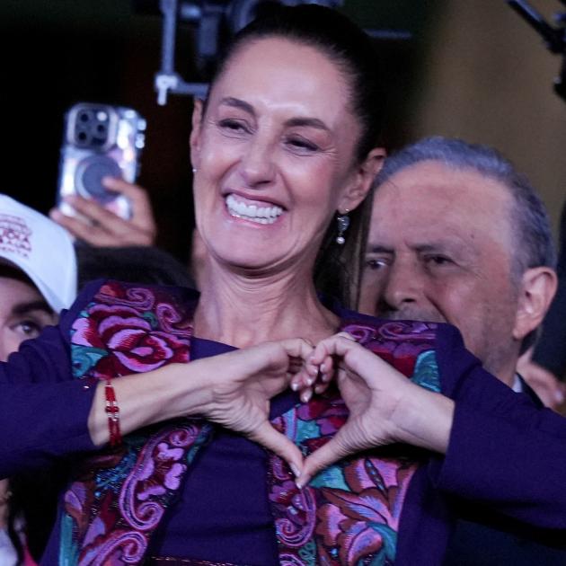 Claudia Sheinbaum gestures to supporters in Mexico City after winning the presidential election....