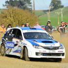 Invercargill driver Mark McMillan guides his Impreza to victory in the Wyndham Rally on Saturday....