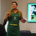 Dilmah t-Lounge sommelier Senuka Sudusinghe demonstrates pulled tea. 