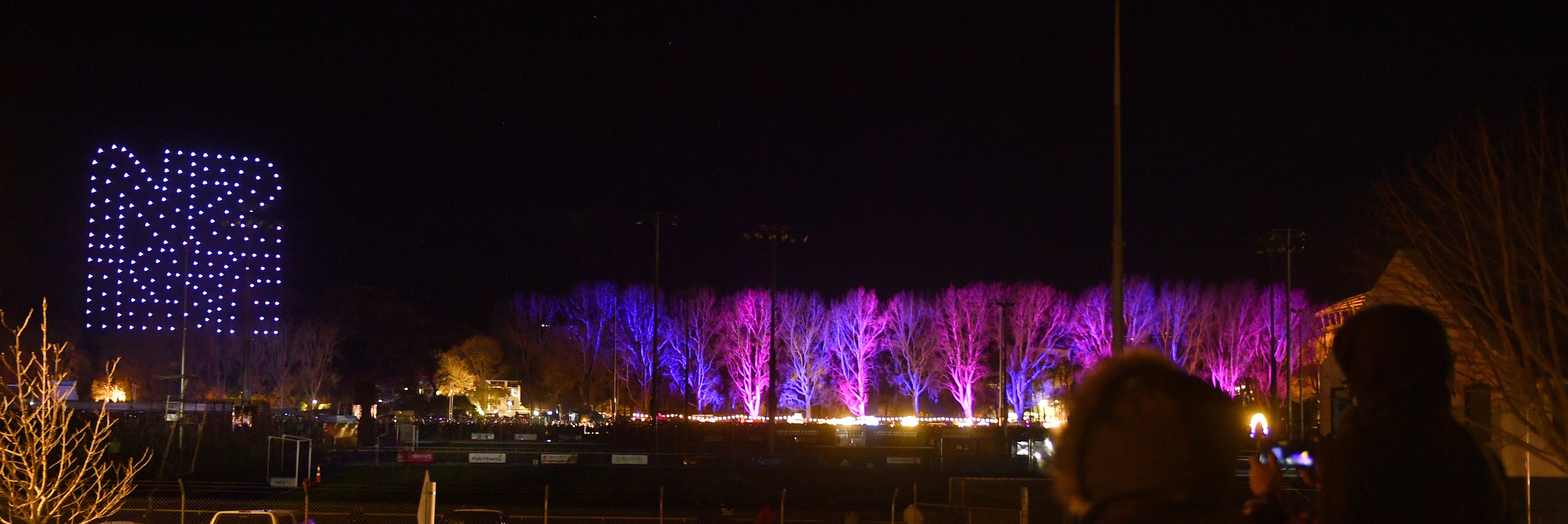 The New Zealand International Science Festival logo is formed by drones above Logan Park in...