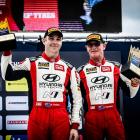 Hayden Paddon (left) and John Kennard celebrate third place at the Royal Rally of Scandinavia....