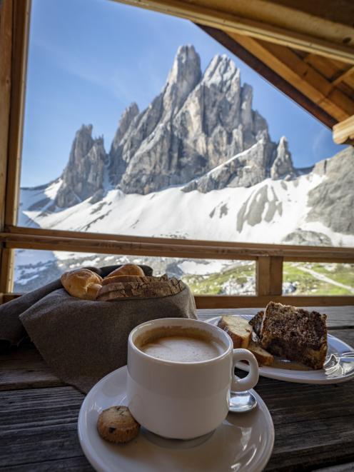 An Italian breakfast at Zsigmondy Comici Hut in the Dolomites.