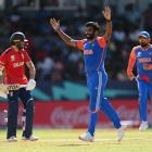 India's Jasprit Bumrah celebrates a wicket during his side's demolition of England in the second...