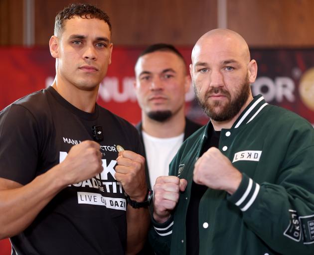 David Nyika (left) and Blake Caparello at a photo op ahead of the planned fight on September 14....