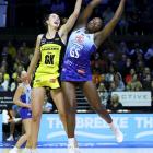 Pulse goal keep Kelly Jackson and Mystics Grace Nweke battle during the ANZ Premiership final....