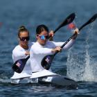 Otago paddler Lucy Matehaere (left) and Aimee Fisher compete in the K2 500m heats. PHOTO: GETTY...