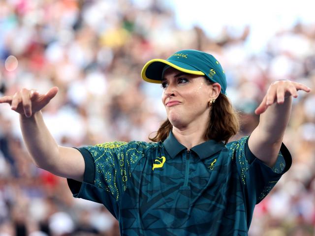 Rachel Gunn, aka B-Girl Raygun, of Team Australia reacts during her now infamous performance at...