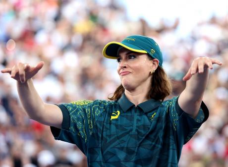 Rachel Gunn, aka B-Girl Raygun, of Team Australia reacts during her now infamous performance at...