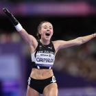 Anna Grimaldi celebrates after winning bronze during the women's T47 100m final. PHOTOS: FIONA...