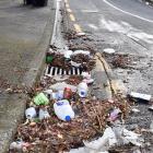 Rubbish from blown-over rubbish bins has made its way into gutter and mud traps as shown in...