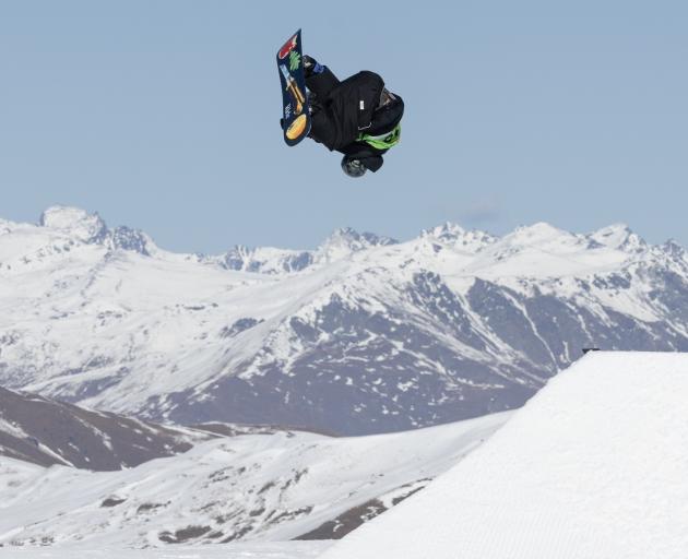 Rocco Jamieson struts his stuff in snowboard slopestyle qualifying at Cardrona at the weekend....