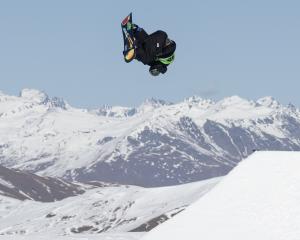 Rocco Jamieson struts his stuff in snowboard slopestyle qualifying at Cardrona at the weekend....