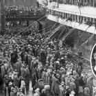 Adoring crowds farewell the 1924 touring All Blacks at the Wellington waterfront. Inset: team...