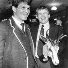 Otago captain David Latta (right) accepts the springbok head from South African captain Tiaan...