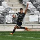 Saia Fifita celebrates scoring the Otago Whalers’ opening try at Forsyth Barr Stadium yesterday....