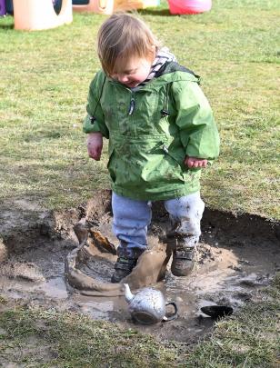 Troy Taylor, 1, makes the most of messy play at Roslyn Maori Hill Playcentre yesterday.