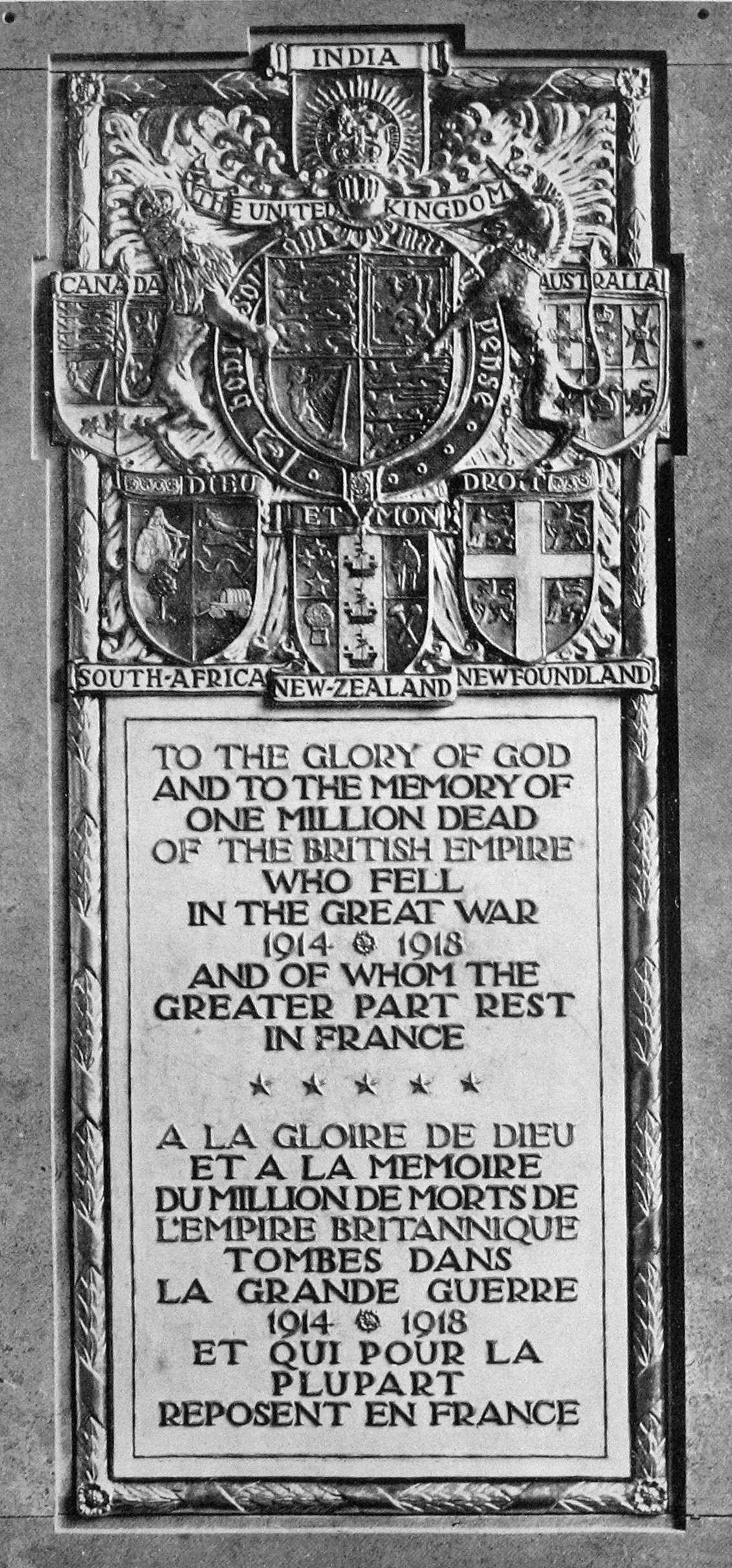 This plaque in Notre Dame Cathedral, in Paris, commemorates one million dead of India, Australia,...