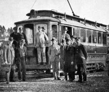 The first electric tram to climb the new Opoho tram line on a test run. — Otago Witness, 9.9.1924