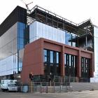 Cladding on the new Dunedin hospital outpatient building from the corner of Castle and St Andrew...