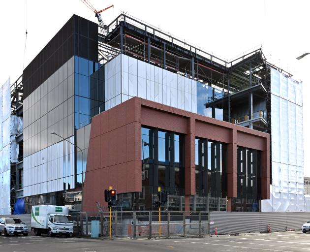 Cladding on the new Dunedin hospital outpatient building from the corner of Castle and St Andrew...