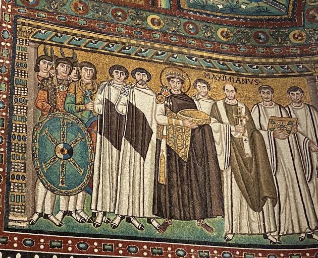 The mosaic of Emperor Justinian and Archbishop Maximianus with  members of the clergy and soldiers.