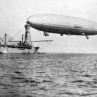 US Navy airship USS Shenandoah, moored to the air pier of USS Patoka in Narangansett Bay, Rhode...