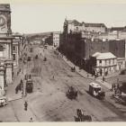 An elevated view of the Exchange area in central Dunedin sometime between 1873 and 1893 reveals a...