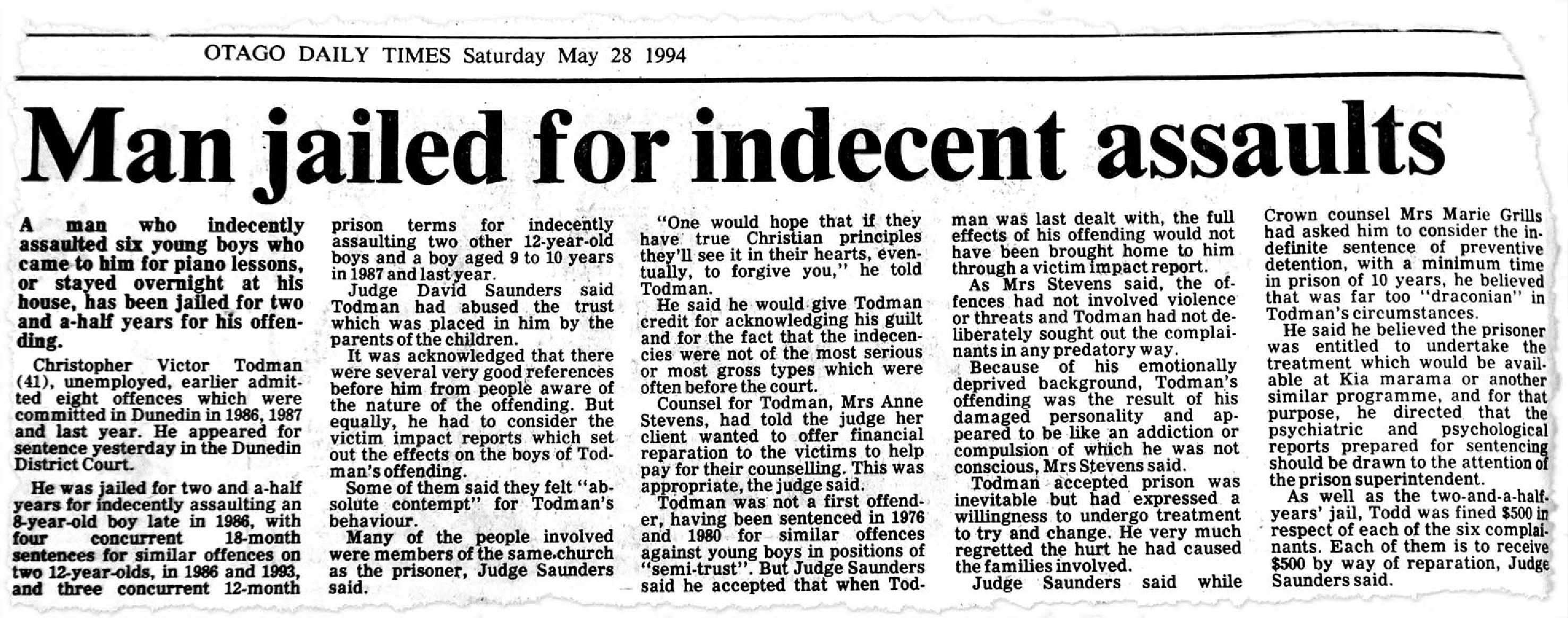 An ODT article from 1994 when Christopher Todman was sentenced for 
...