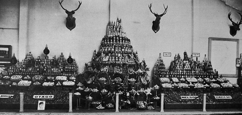 New Zealand-grown fruit on display in the New Zealand court at the British Empire Exhibition,...